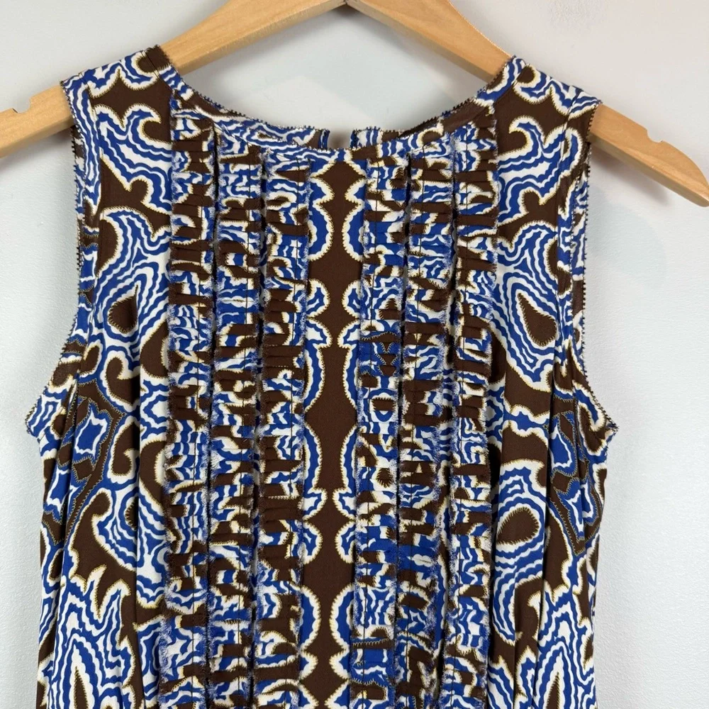Tory Burch 100% Silk Dress Women's 0 Brown Blue Printed Sleeveless Classic Retro